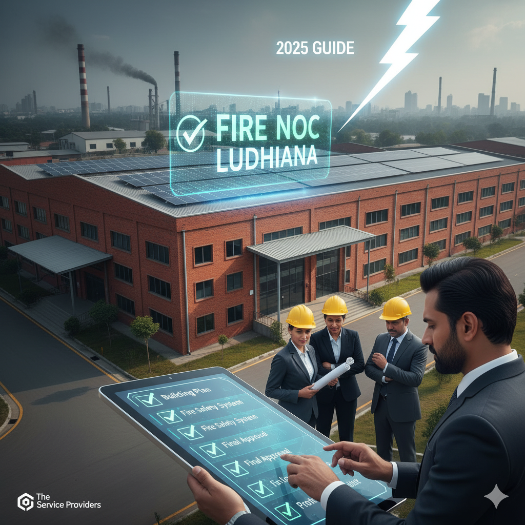 Ludhiana industrial unit with factory and solar panels, showing a digital checklist for Fire NOC approval, with business consultants overseeing the process. Text: "Fire NOC Ludhiana, 2025 Guide