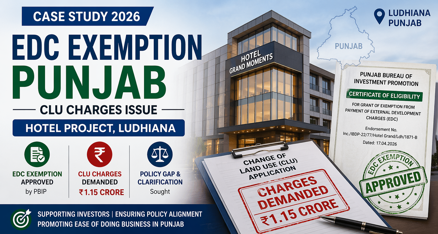 EDC exemption Punjab case study showing CLU charges issue of 1.15 crore in Ludhiana hotel project